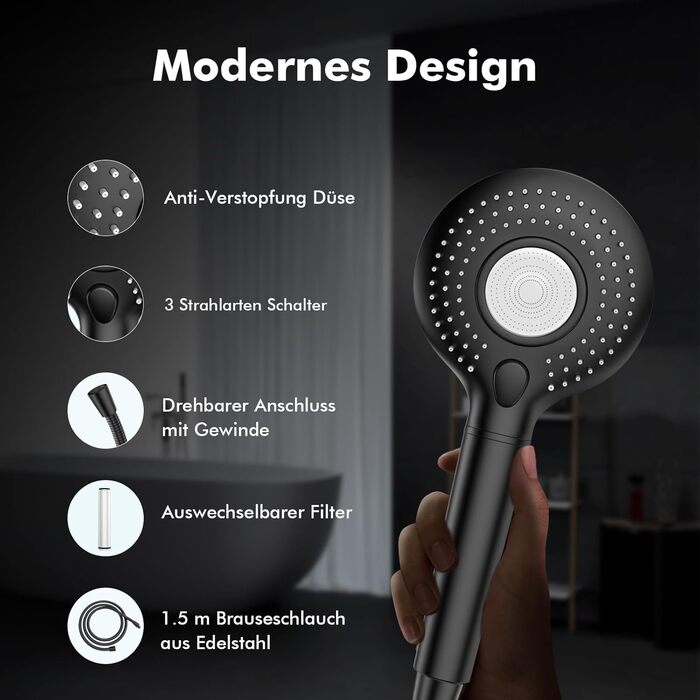 Showerhead with Filter MEKO High-Pressure Handheld Shower with 15-Layer Filtration, 1.5M Hose, 3 Spray Patterns, Water-Saving Showerhead for Removing Hard Water, Residual Chlorine, Bacteria, and Heavy Metals (Black)