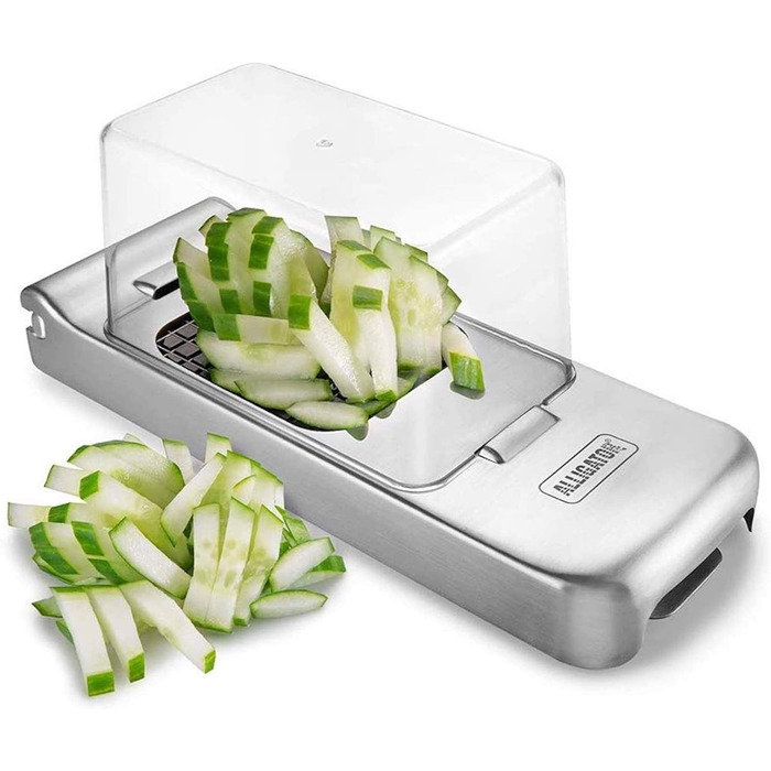 Подрібнювач для овочів Alligator 3094 з нержавіючої сталі - 3 насадки (3x3, 6x6, 12x12 мм) - з контейнером, BPA-free