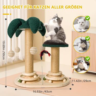 Інтерактивне котяче іграшкове комбо 6-в-1: дерев'яні меблі, кульки, пір'я, м'яч-трекер, когтеточка з сизалю та джуту для котів середніх та маленьких порід (білий, зелений)