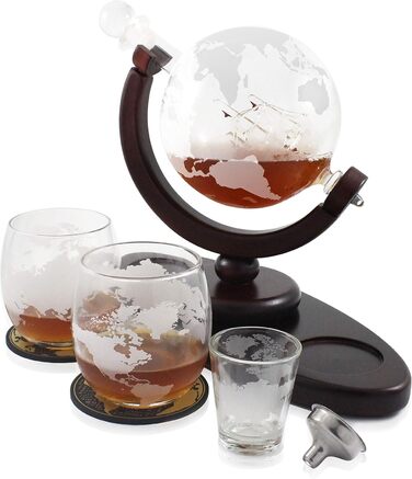 Globus Decanter Gift Set. Includes a wooden base, 2 glasses, 2 coasters, a shot glass, and a funnel. This whiskey decanter and glasses set is the perfect gift.