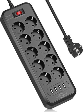 10-ти портова мережева розетка з вимикачами, KEPLUG, 4 USB, захист від перенапруги, для стіни, 2 м, чорна