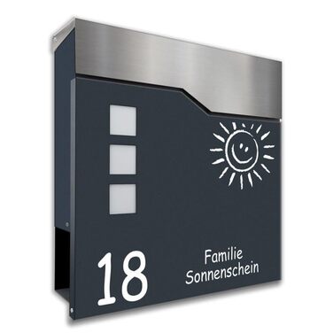 Поштовий ящик антрацит RAL 7016 з написом та газетницею - дизайнерський сталевий ящик з порошковим покриттям, 3 віконця (Marianne)