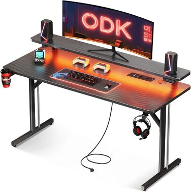 LED Gaming Desk with Power Outlets - 80cm/120cm Carbon Fiber PC Gaming Table