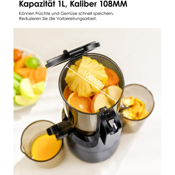 Шнекова соковижималка Fretta Slow Juicer з широким завантажувальним отвором для цілих овочів та фруктів, BPA-free Tritan, 1 л, димчасто-чорна