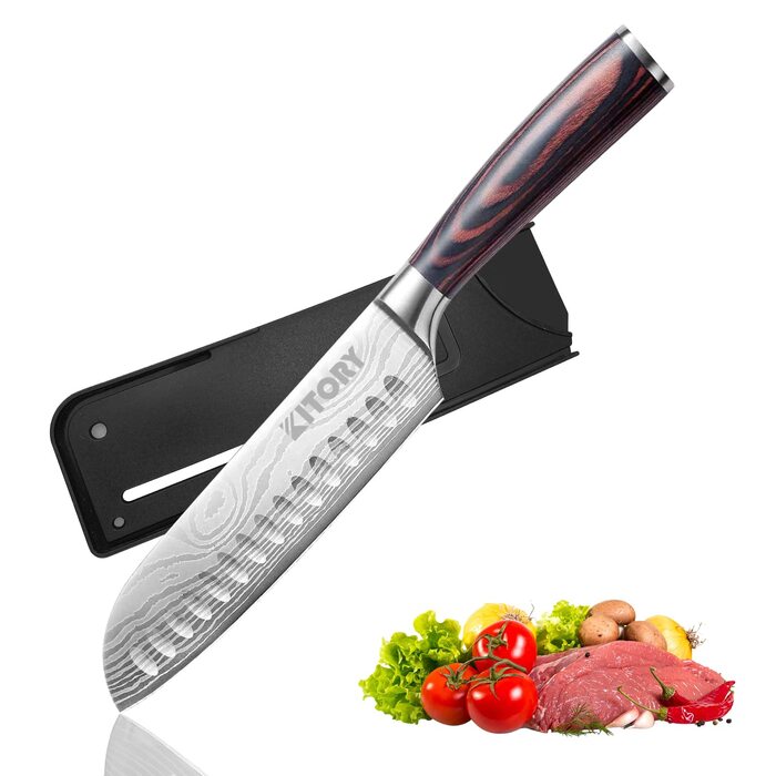 Ніж Santoku Kitory 17 см, кухонний ніж для нарізки, ергономічна ручка, подарункова коробка та захист леза