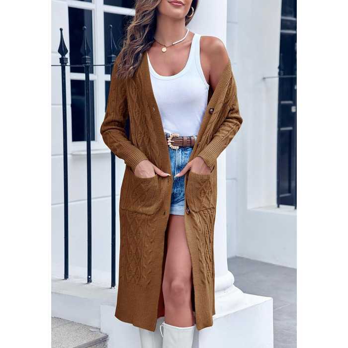 Жіночий в'язаний кардиган Imily Bela з довгими рукавами, відкритий фасон, в'язане плетиво, з кишенями, осінь-зима (Колір: Коричневий, Розмір: S)