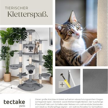 Дерево для котів tectake® XXL з аксесуарами: лежанка, 2 котячі будиночки, когтеточка з сизалевого мотузка, сірий/білий