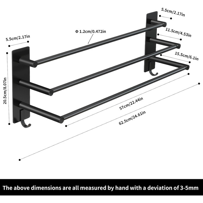Тримач для рушників Vista з 3-ма штангами, без свердління, нержавіюча сталь SUS304, сріблястий, з двома гачками, 60 см, для кухні, ванної кімнати, спальні