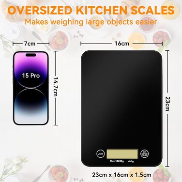 Кухонні ваги PQETBV 10KG з LED-дисплеєм, скляна платформа, точність 1г, чорний колір