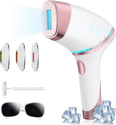 Пристрій для епіляції IPL з охолодженням 5°C, лазерний епілятор з 3 насадками, 5 рівнів потужності, безліч імпульсів, для жінок та чоловіків