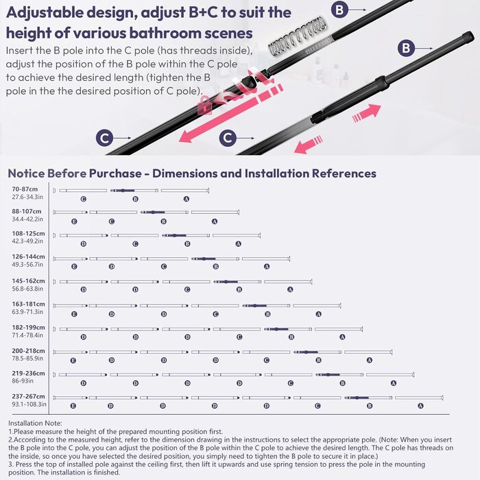 Регульована поличка для душу SWTYMIKI з нержавіючої сталі, 4 яруси, з мильницею, тримачем для зубних щіток та 4 гачками, 70-275 см, чорний (без свердління)