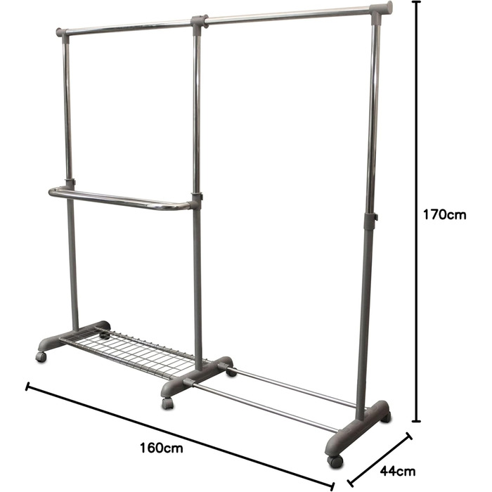 GERSO Extendable Clothes Rack Telescopic Wardrobe Clothes Rail with Wheels Market Stall Stand Grey