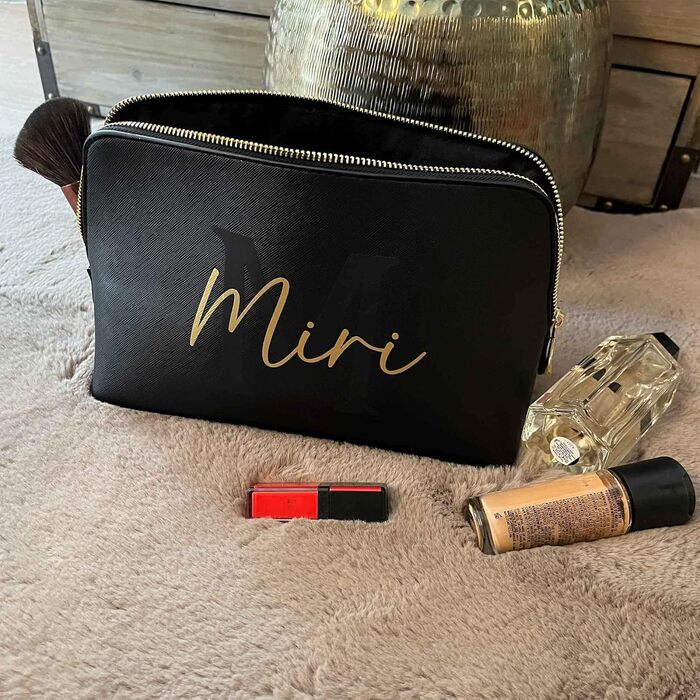 Personalized Cosmetic Bag Initia + Name, Makeup Bag, Toiletry Bag for Women, Handbag, Gift for Women, Makeup Beauty (Large) (L, Black)