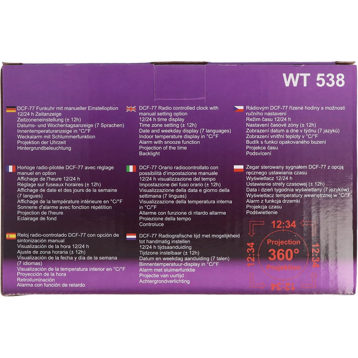 Радіокерований будильник-проектор Technoline WT 536 з проекцією часу, термометром та функцією Snooze, сріблястий