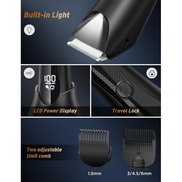 Електричний триммер для чоловіків 3-в-1 Intimrasierer: для носа, обличчя, тіла. Вологостійкий (IPX7), з зарядною станцією. Чорний