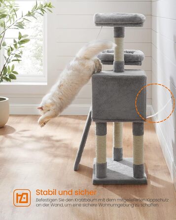 Дряпальня для котів Feandrea, кігтеточка з платформою, м'який плюш, сірий колір, 115 см, повністю обмотана сизалем, 50L x 35B x 115H см