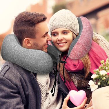 Подушка для шиї у літак - 2 шт. з піною з пам'яті, м'яка та підтримуюча, подушка для подорожей, сну, авто, поїзда та дому (Блакитний та Сірий) (Рожевий та Сірий)