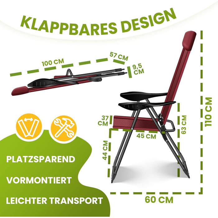 Крісла садові розкладні KESSER® 2 шт. з високою спинкою, алюмінієві, 7 положень, з підлокітниками, дихаючі, для балкона, тераси, кемпінгу, бордовий колір