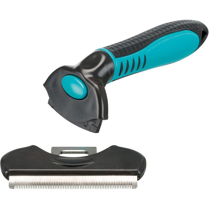 Тріксі Щітка-гребінець для вичісування та розрідження шерсті коротко- та жорсткошерстих порід - змінна головка, лезо з нержавіючої сталі, гумовий пластиковий грифель, чорний/синій, 7 x 15 см, для собак та котів