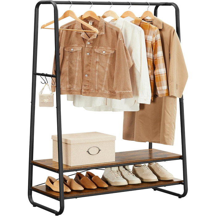 VASAGLE Clothes Rack, Coat Rack, Coat Stand, with 2 Shelves, 6 S-Shaped Hooks, Steel Frame, for Bedroom, Hallway, Entrance Area, Vintage Brown-Black RGR112B01