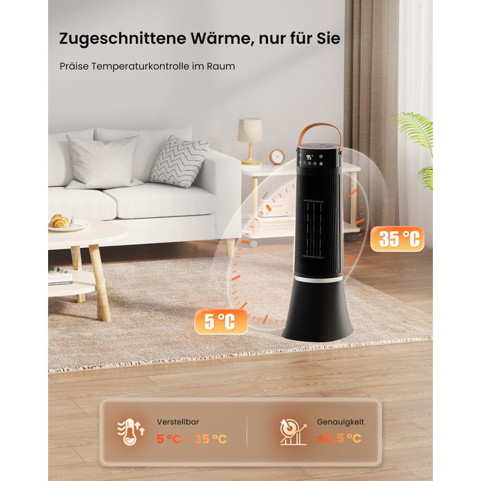 Електричний обігрівач 2000W з керамічним PTC нагрівачем, 75° обертання, термостат, тиха електропіч, 3 режими, таймер 24 години, захист від перегріву та перекидання