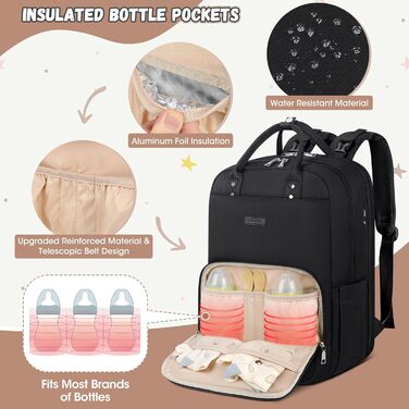 RAINSOMORE Backpack Diaper Bag - Backpack with Changing Pad - Large On-the-Go Diaper Bag - Multifunctional Baby Bag for Mom and Dad - Black