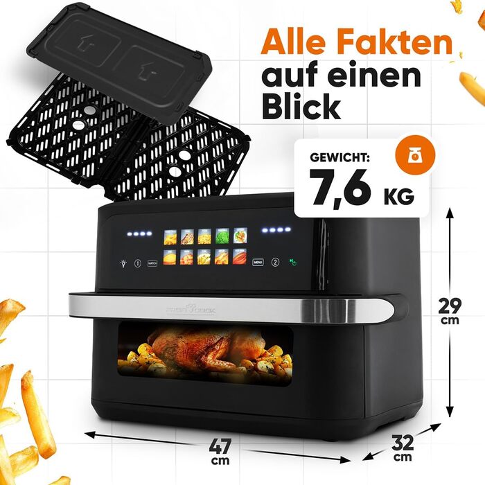 Фритюрниця повітряна ProfiCook XXL з 10л, 2 камери, сенсорне управління, 10 програм, 80-200°C, чорна