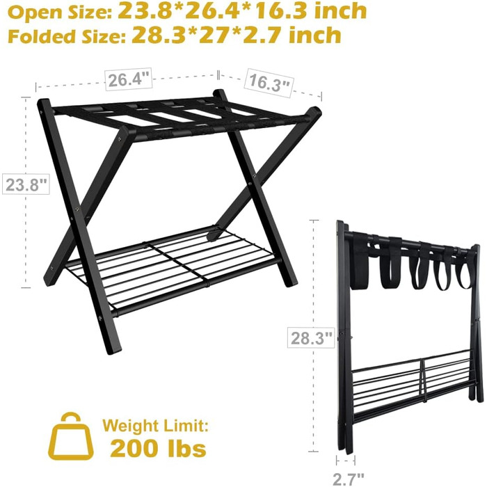 mocomax 1 Pack Folding Luggage Rack for Guest Rooms, Folding Suitcase Stand with Metal Shelf for Bedrooms, Living Rooms, Hotel Essentials, Robust Steel Frame, Black