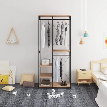 WOLTU Wardrobe/Clothes Rack/Laundry Rack with Shelf, Shoe Rack, Wooden and Steel, Hanging Shelf, White + Light Oak (Black + Light Oak)