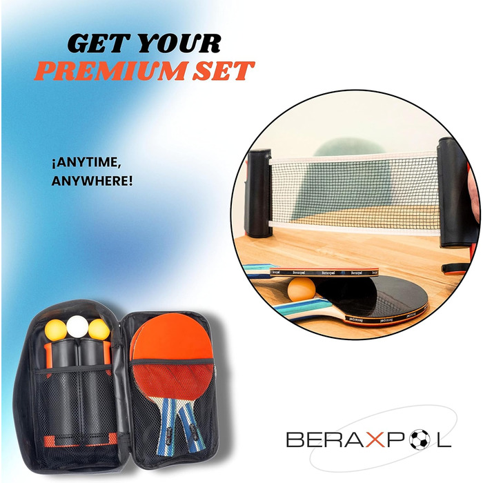 BERAXPOL Набір для настільного тенісу преміум-класу, портативний, з висувною сіткою | 3 м'ячі | Сумка для перенесення | Сімейний відпочинок | Подарунок