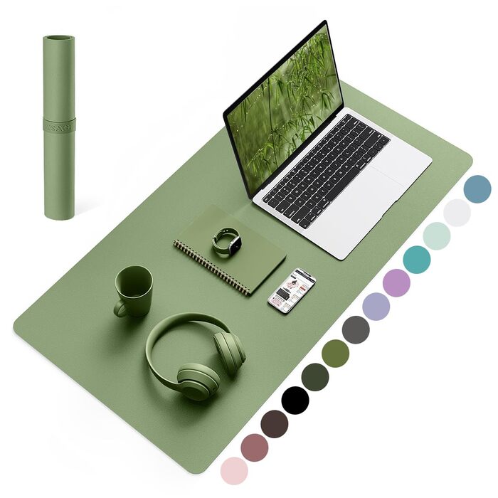 Офісний килимок для миші та столу YSAGi з натуральної шкіри, 90x43 см, оливково-зелений. Килимок для ноутбука в офіс/додому