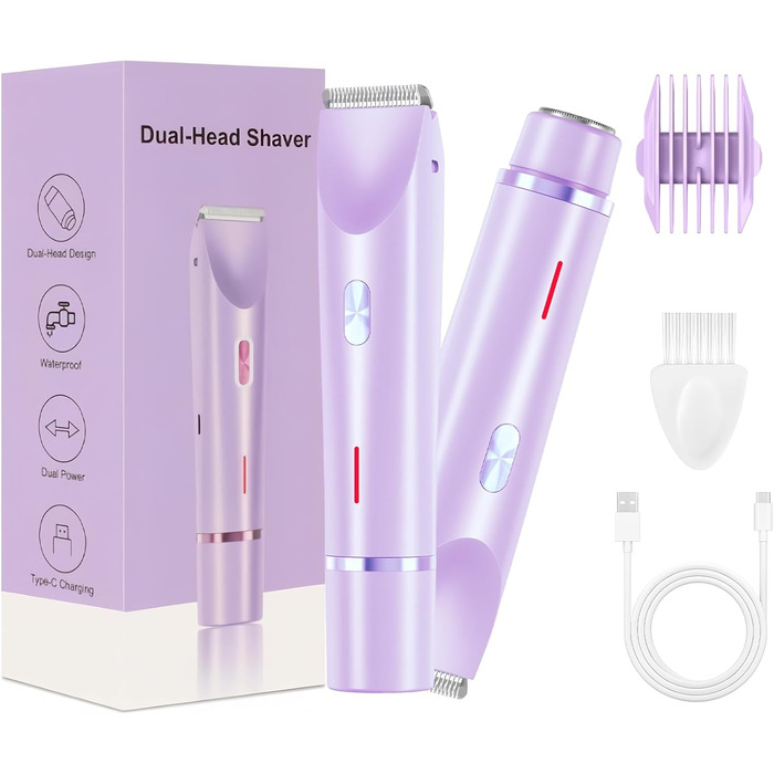 Електричний жіночий брашинг для тіла 2-в-1 з USB-зарядкою, IPX7, для ніг, рук, пахв та зони бікіні (фіолетовий)