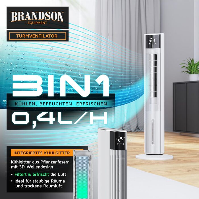Вентилятор вежний з Wi-Fi та охолодженням Brandson ECO GREEN – розумне охолодження для дому, тихий, з керуванням Alexa, мобільний кондиціонер