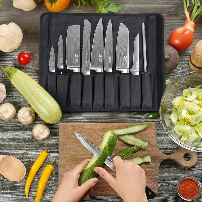 Набір кухонних ножів Dfito, 8 предметів: професійний набір з нержавіючої сталі з високовуглецевої сталі, гострі ножі для кухаря, чорна ручка