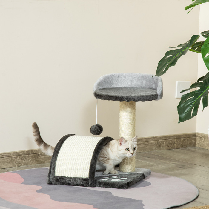 PawHut Дряпка для котів, плюшевий дизайн з іграшковими м'ячиками, маленька, 35,5x37x46 см, сітелова мотузка для дряпання, сірий, вигідна ціна
