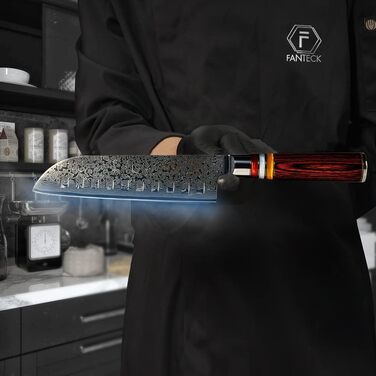 Ніж кухонний FANTECK 16см Дамаск, універсальний, для овочів та фруктів, професійний шеф-ніж, VG-10 сталь, ручка з пака-дерева (7 дюймів Сантоку)