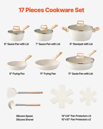 Набір посуду VEVOR 17 предметів з нержавіючої сталі з антипригарним покриттям, індукційні каструлі та сковорідки з кришками, для кухні, кемпінгу та приготування їжі (білий)