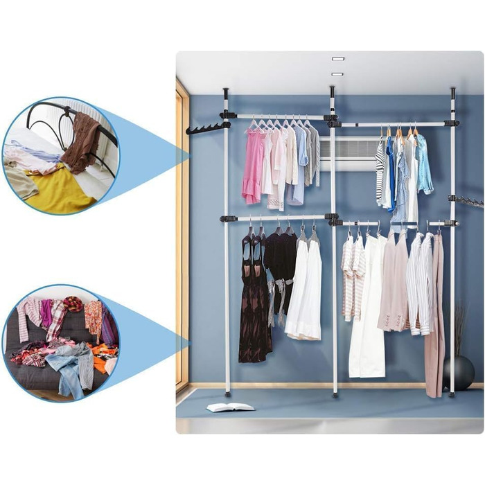 Telescopic Wardrobe System, Clothes Rail System, Shelf System, Clothes Rack with 3 Rails, 4 Crossbars and 2 Wide Hooks for Home and Retail Clothing Stores, 153-272x281-329cm