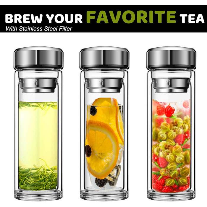 Double-walled glass tea bottle, 1 liter, with 2-in-1 stainless steel strainer for on-the-go use. 1000ml large volume, tea bottle 100% leak-proof, 1 l (350ml single serve).