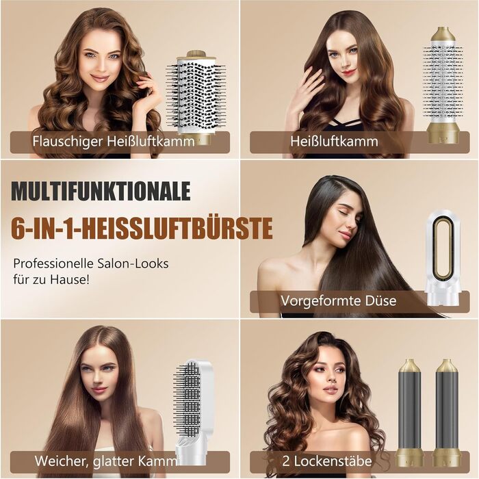 Багатофункціональний стайлер для волосся 6-в-1: фен з іонами, плойка, брашинг, 1000W, керамічне покриття, білий