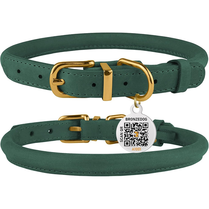 Нашийник для собак BRONZEDOG з QR-ID, шкіряний, регульований, м'який, круглий, для собак маленьких, середніх та великих порід, цуценят та котів (Смарагдовий, 40-48 см)