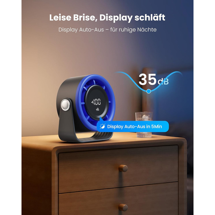 Портативний акумуляторний вентилятор Gaiatop з USB, 5 швидкостей, LED-дисплей, поворотний на 360°, для дому та офісу (блакитний)