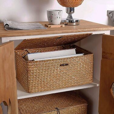 Woven Rattan Storage Basket, Storage Box with Lid, Seagrass, Laundry Baskets, Makeup Organizer for Bathroom, Living Room, Kitchen