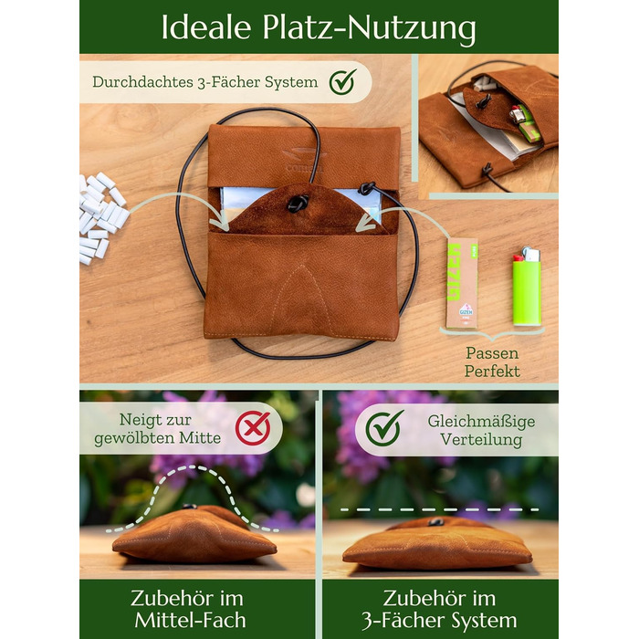 Premium Tobacco Pouch made of Wild Leather - Separate Paper & Filter Compartment - Handcrafted Tobacco Bag - High-Quality Rolling Pouch for Tobacco (Cognac Brown)
