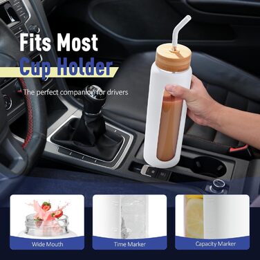BLUEGO Glass Water Bottle - Sports Water Bottle with 2 Lids and Straw. Leak-proof glass bottle with time marker and measuring scale. BPA-free, (White, 900 ml)