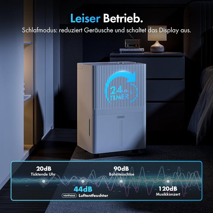 Електричний осушувач повітря VonHaus 20л/24г з Wi-Fi, для підвалу та кімнат до 20м², з таймером та шланг для зливу, сумісний з Alexa & Google Home