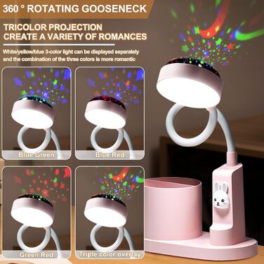 Дитяча LED лампа на стіл Kinder з тримачем для олівців, регульована, з проекцією зірок, 360° повертання, для дитячої кімнати (рожева)