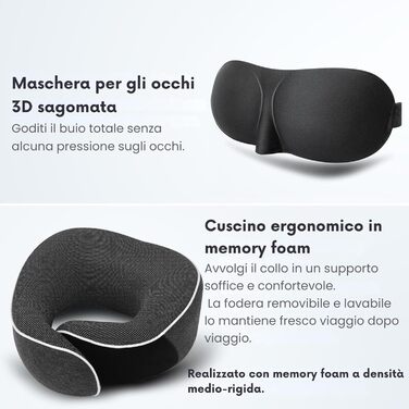 Подушка для шиї Proglobe, 100% Memory Foam, ортопедична, для подорожей (літак, авто, поїзд), з 3D-маскою для сну, сітчаста сумка (темно-сіра)