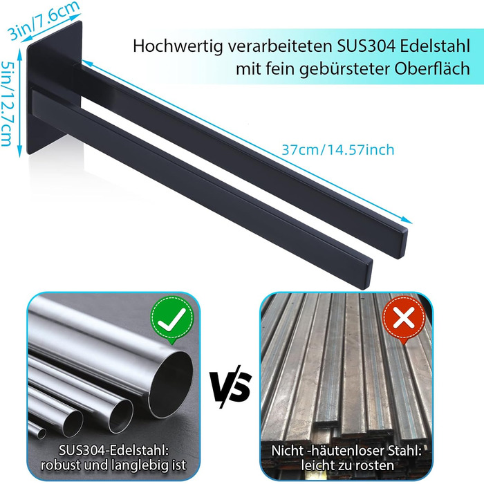 Тримач для рушників настінний з нержавіючої сталі, без свердління, подвійний, для ванної кімнати та кухні, срібний (чорний, двозахватний)