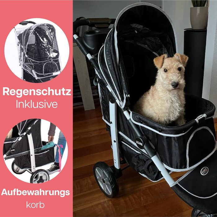 Візок для собак Innopet Monaco чорний з клямкою – універсальний візок для котів та собак, з дощем, складаний, знімний кошик, поворотне переднє колесо